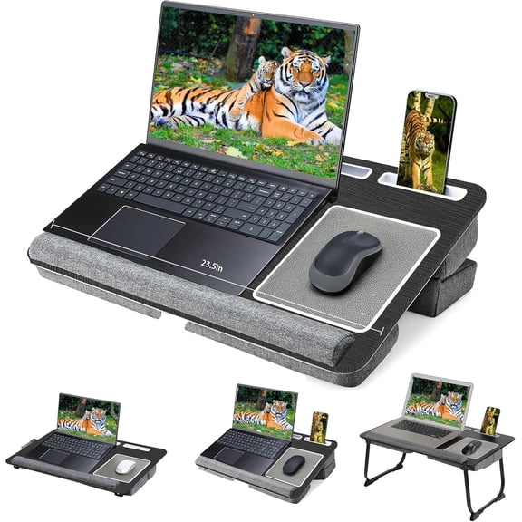 Adjustable Lap Desk with Cushion for Up to 17 Inch Laptop Foldable Legs Wrist Rest Tablet and Phone Holder Black