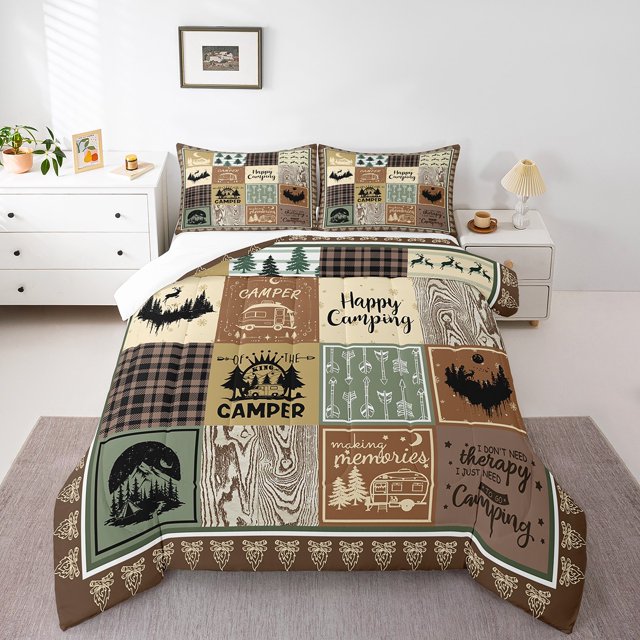YST Rv Camper Theme Bedding Set Toddler,Kids Happy Camping Comforter Set Rustic Cabin Room Decor,Travel Trailers Accessories Camper Quilts for Bunk,Patchwork Buffalo Plaid Comforter Set 2Pcs