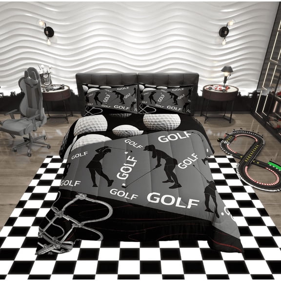 Erosebridal Golf Sports Bedding Twin Comforter Set, Black Grey Down Comforter, Geometric Stripe Decor, Breathable 2-Piece