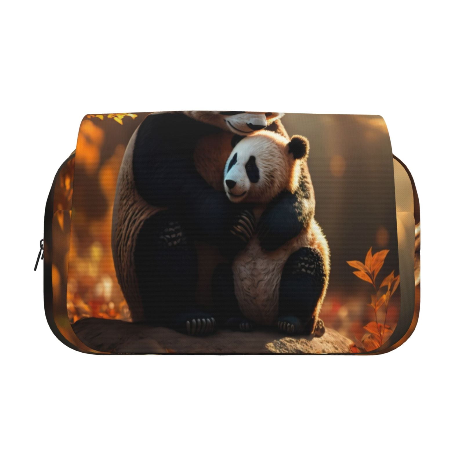 Rateoe Maple Forest Panda Pattern Double Clamshell Pen Case, Storage Organizer with Two Zipper Compartments– Holds Up to 50 Pencils & Pens