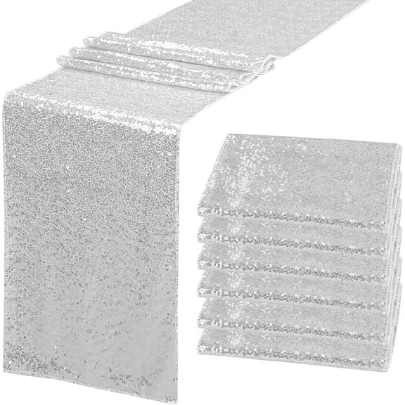 6 Pack Silver Sequin Table Runners 12" x 72" Sparkle Sequin Table Cloths for Wedding Party Banquet Bridal Shower Decorations