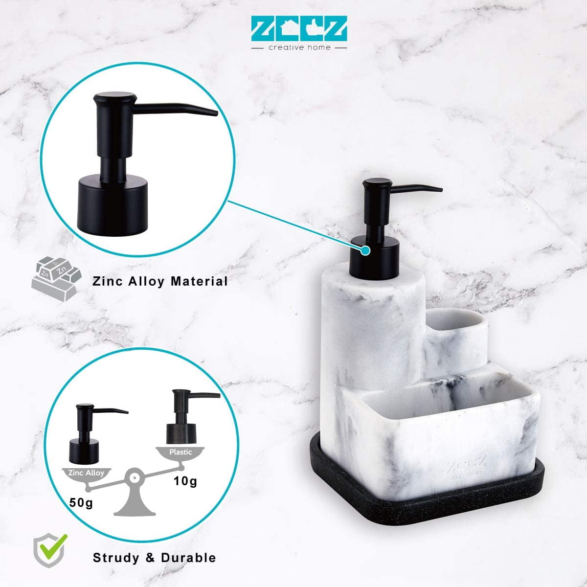 ZCCZ Black Soap Dispenser with Sponge Holder, Kitchen Soap Dispenser Pump,  Sponge Caddy and Brush Holder 3 in 1 Set Organizer for Sink Countertop