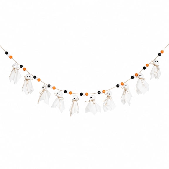 Halloween Ghost Bead Garland, Fabric Hanging String Banner with Ghost Ornaments for Mantel Wall Shelf Window Indoor Home Party Decor 83.86 Inch