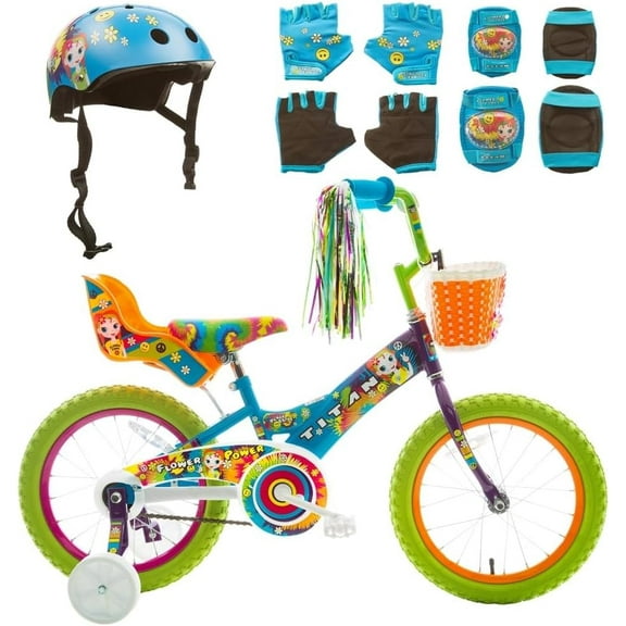 Titan Girl's Multi-Color Flower Princess BMX Bike for 4-9 Years Girls with Training Wheels 16 Inch Kids Toddler Bicycle with Protective Elbow Knee Pads and a Small Size Helmet
