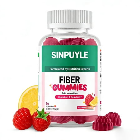 Sugar Free Fiber Gummies for Adults, 5g Prebiotic Constipation Relief, Gut Digestive Regularity, Vegan Gluten Free Non-GMO Raspberry Lemon Chews, 60 Count