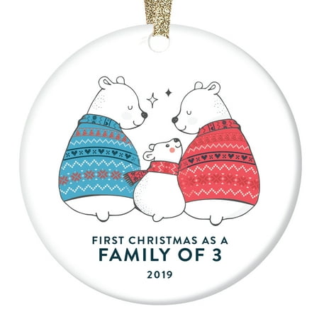 Baby Shower Gift New Mom Ornament 2019 First Christmas as a Family of 3 Newborn Keepsake Present Mommy Daddy Girl Parents Cute Whimsical Bears Red White Blue 3