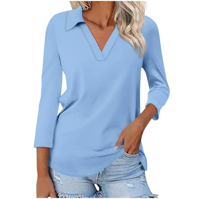 Birdeem Blouses pour Femmes T-Shirt Assorti Col en V Col Rabattu Manches 3/4