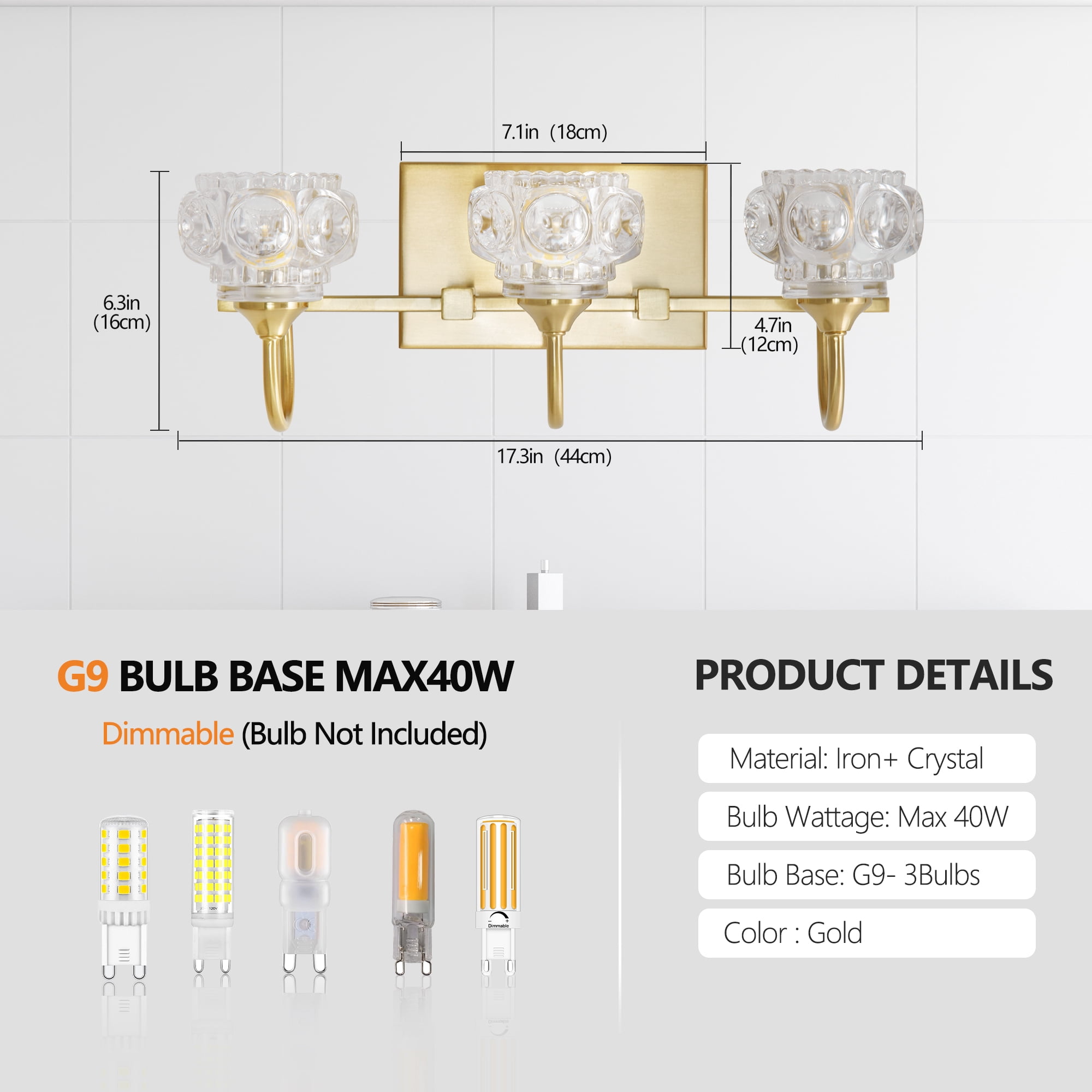 Miniyam Hard-Wired Vanity Light, 3-Light Bathroom Wall Sconce with Crystal Glass Shades, G9 Base, Gold