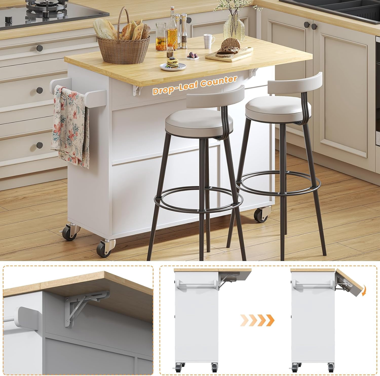 Frmobepts 41.3" Kitchen Island Cart Rolling Storage Cabinet Cart with Drawer & Rack,White