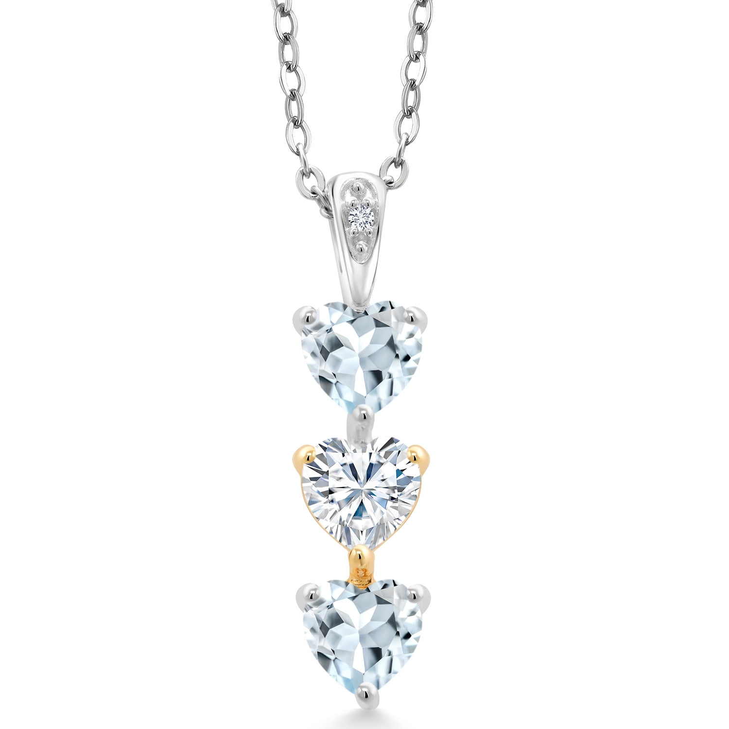 Gem Stone King 925 Silver and 10K Yellow Gold Sky Blue Aquamarine White Moissanite and Lab Grown Diamond 3 Stone 5MM Heart Shape Pendant Necklace for Women By Keren Hanan (1.26 Cttw, with 18 Chain)