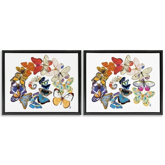 Stupell Industries Fly Away Butterfly Spirals Animals Painting Black Floater Framed Canvas Art Print Wall Art, 21 x 17, Set of 2