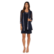 R&M Richards Women's Two-Piece Dress with Embellished Neckline and Jacket with Sheer Sleeves - Petite