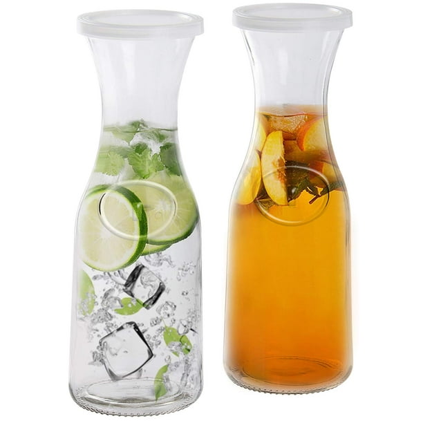 Estilo Glass Beverage Pitcher Carafe With Plastic Lids, Narrow Neck ...