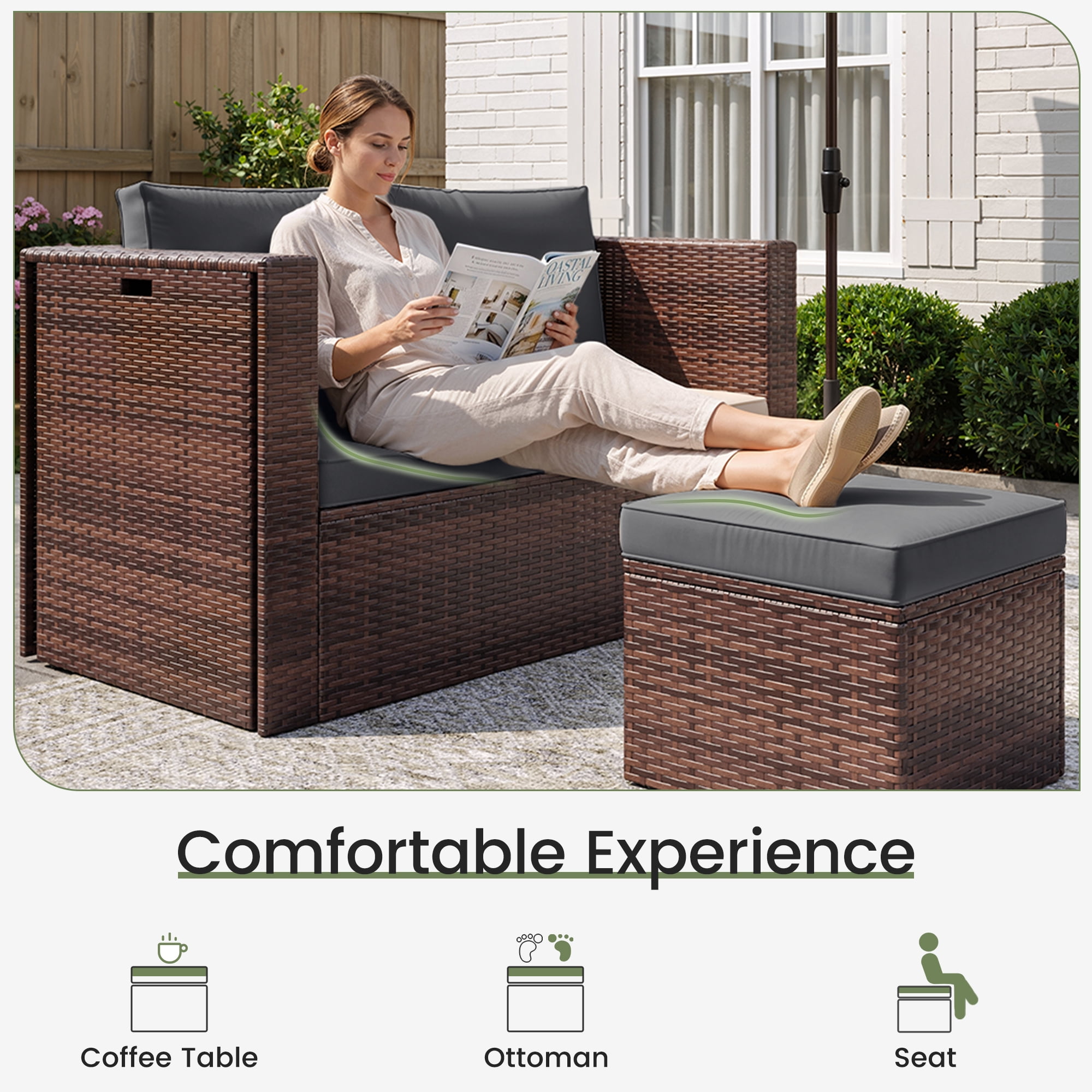 POTEBAN 6-Piece Space-Saving Patio Furniture Set, All Weather Brown Wicker Rattan Sectional Sofa with 2 Ottomans, Outdoor Conversation Set for Garden, Backyard, Gray Cushions