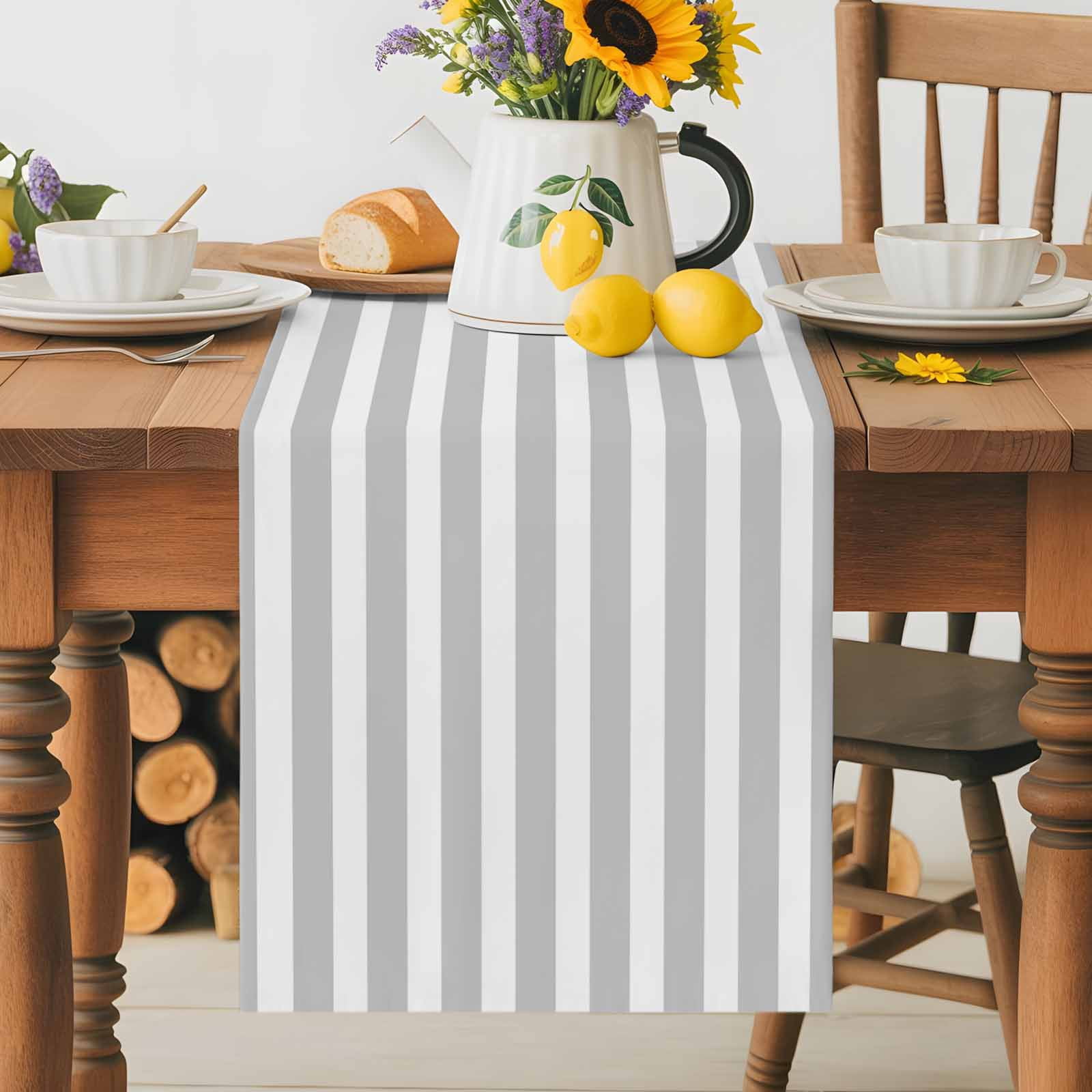 Grey Stripes White Striped Table Runner 90 Inches Long, Modern Geometric Art Table Runners Tabletop Scarf Kitchen Dining Tables Decoration for Home Party Indoor Outdoor