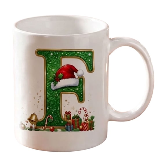11oz Christmas Initial Ceramic Coffee Mug, Festive Green Glitter Letter Design With Santa Hat Holiday Print, White Drinking Cup For Hot Cocoa Tea, Xmas Gift For Household Daily Use