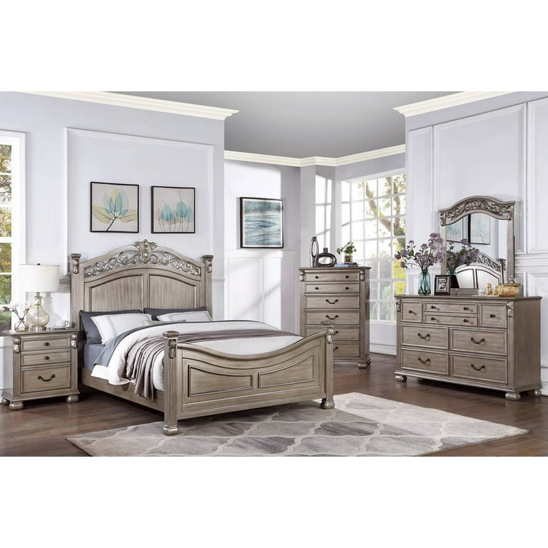 Classic Traditonal Queen Bed Dresser Mirror Nightstand Wooden Grey Finish 4pc Set Bedroom Furniture