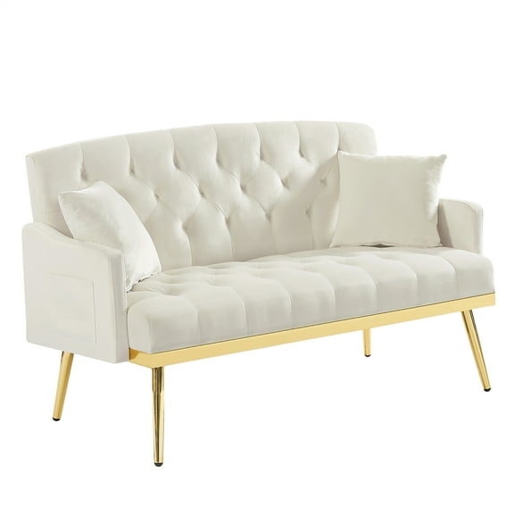 Loveseat Sofa, 2 Seater Sofa With 2 Pillows, Modern Velvet Upholstered Loveseat Couches With Tufted Back & Metal Legs For Living Room Bedroom Office