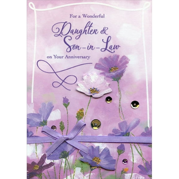 Designer Greetings White, Pink and Purple Die Cut Tip On 3D Flowers, Purple Ribbon, Bow and Sequins Hand Decorated Wedding Anniversary Card for Daughter and Son-in-Law