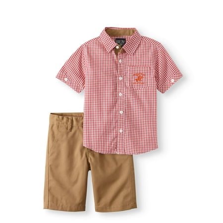 Bra Boy Short Set - Little Boy Mini Checkered Woven Short Sleeve Shirt And Twill Chino Short 2-Piece Set