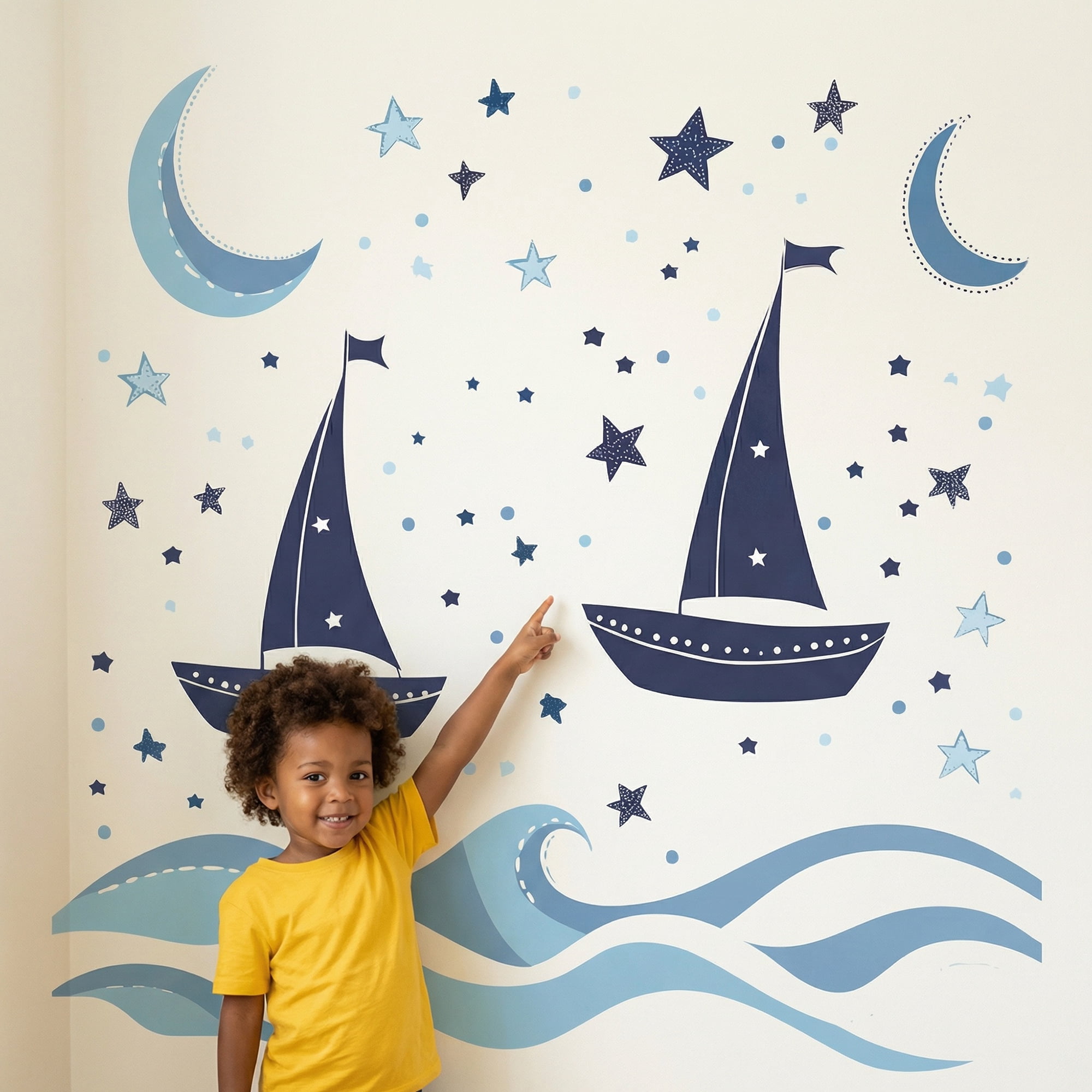 Unique Bargains Nursery Wall Stickers with Waves and Sailboats Peel Blue 23.2" x 15.7"