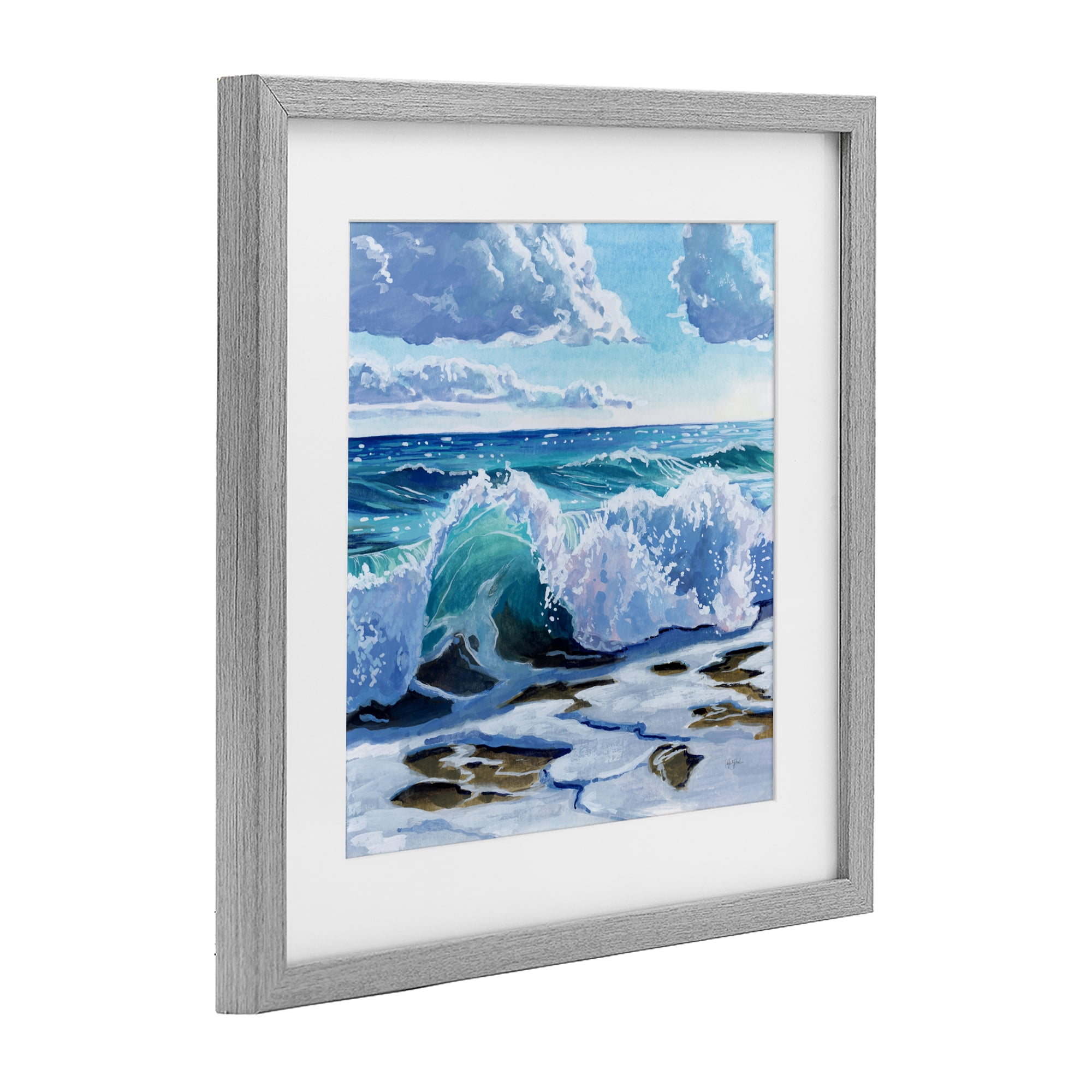 Stupell Industries Curling Aqua Wave on Shore Gray Framed Print Under Glass, design by Kate Jarvik Birch