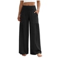 thumbnail image 2 of Bloomae Women Flowy Palazzo Pants Summer Boho Bagyy Wide Leg Elastic High Smocked Waist Casual Loose Comfy Lounge Trousers with Pockets Black L, 2 of 7
