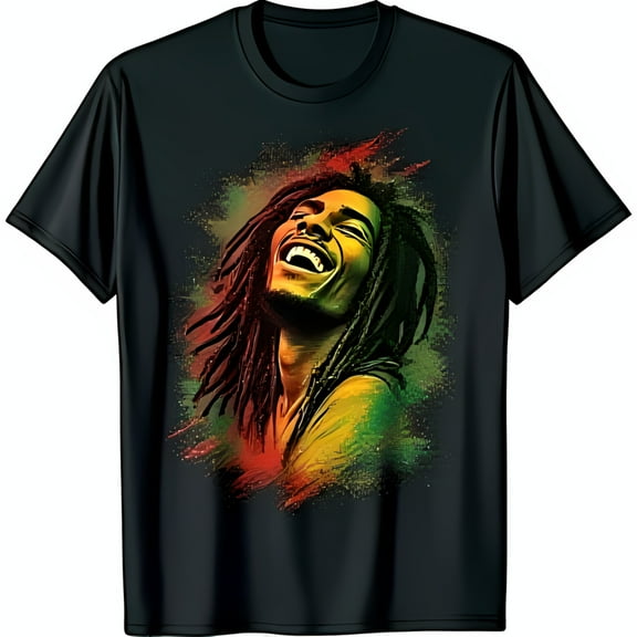 Iconic Portrait T-Shirt Vibrant Graphic Design Rastafarian Colors Peace & Love Symbol