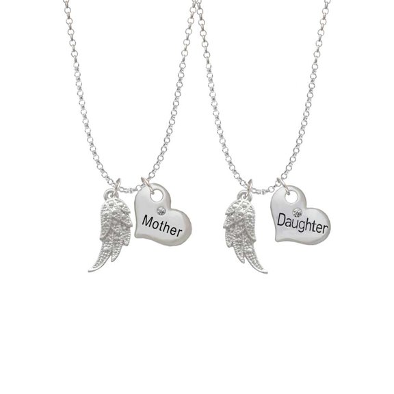 Delight Jewelry Silvertone Textured Wing Mother & Daughter Heart Necklaces (Set of 2), 19" 2"