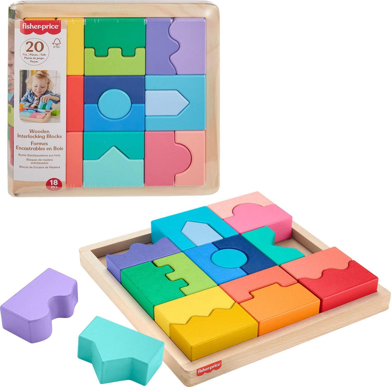 Ca. Less Blocks Fisher-Price Wooden Interlocking Blocks Puzzle for Toddlers & Kids, 20 ...