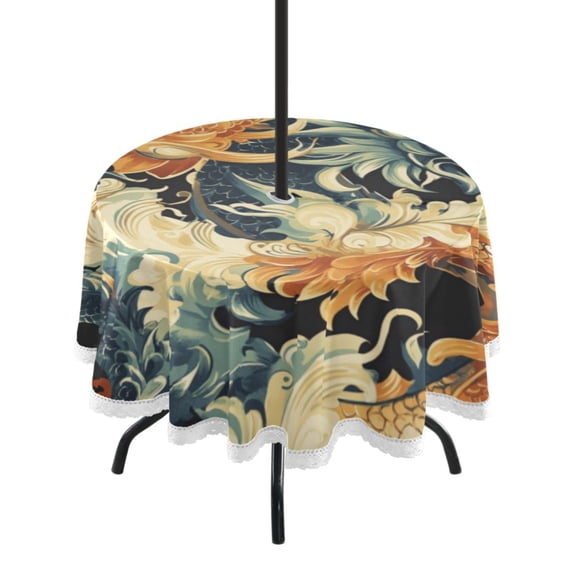 Round Tablecloth 60*60 Inches Round Tablecloth Outdoor Style Tablecloth With Umbrella Holes Tablecloth Outdoor Suitable For Kitchens and Dining Rooms Yellow Dragon