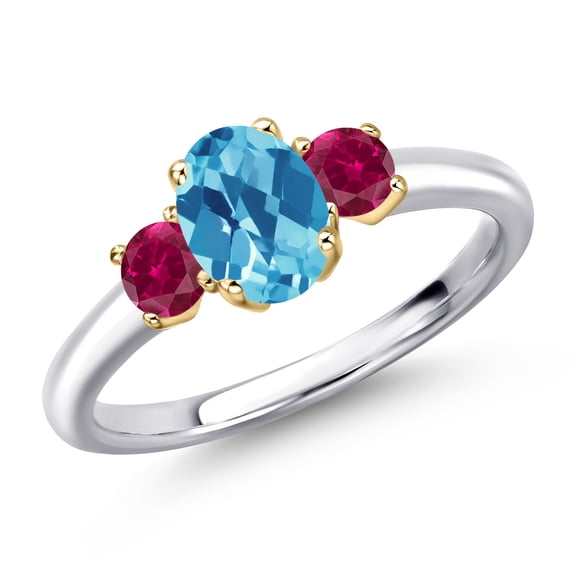 Gem Stone King 10K Two Tone Gold Swiss Blue Topaz and Red Created Ruby Engagement Ring for Women | 1.50 Cttw | Oval Checkerboard 7X5MM | Gemstone November Birthstone | Size 8