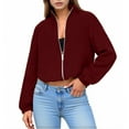 thumbnail image 2 of gbyLJF Short Zip Up Jackets for Women Fleece Stand Up Collar Long Sleeve Coat Solid Color Warm Casual Jacket Women's Outwear, 2 of 5