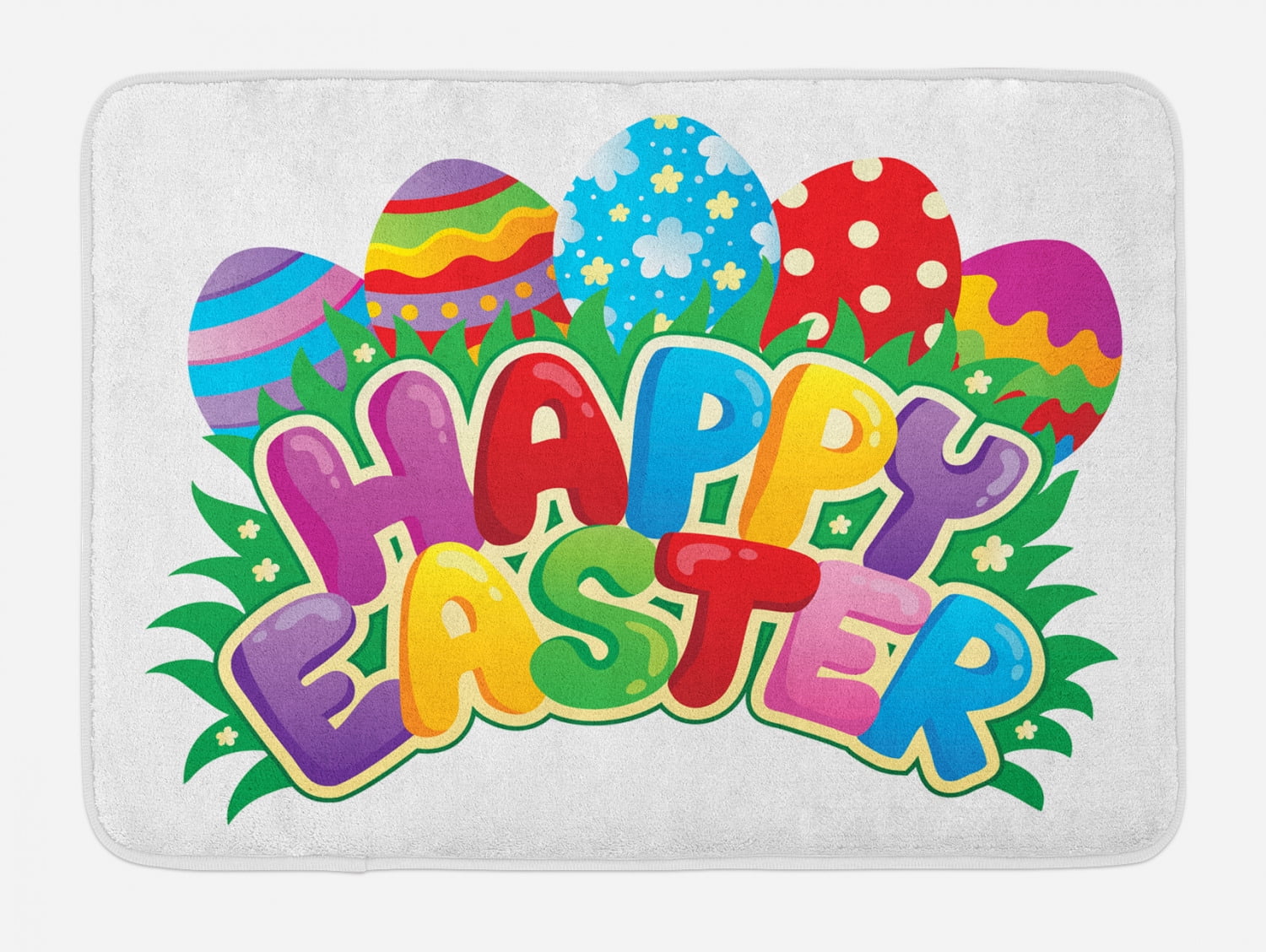 Easter Bath Mat, Cartoon Style Ornamental Eggs with Polka Dots Flowers