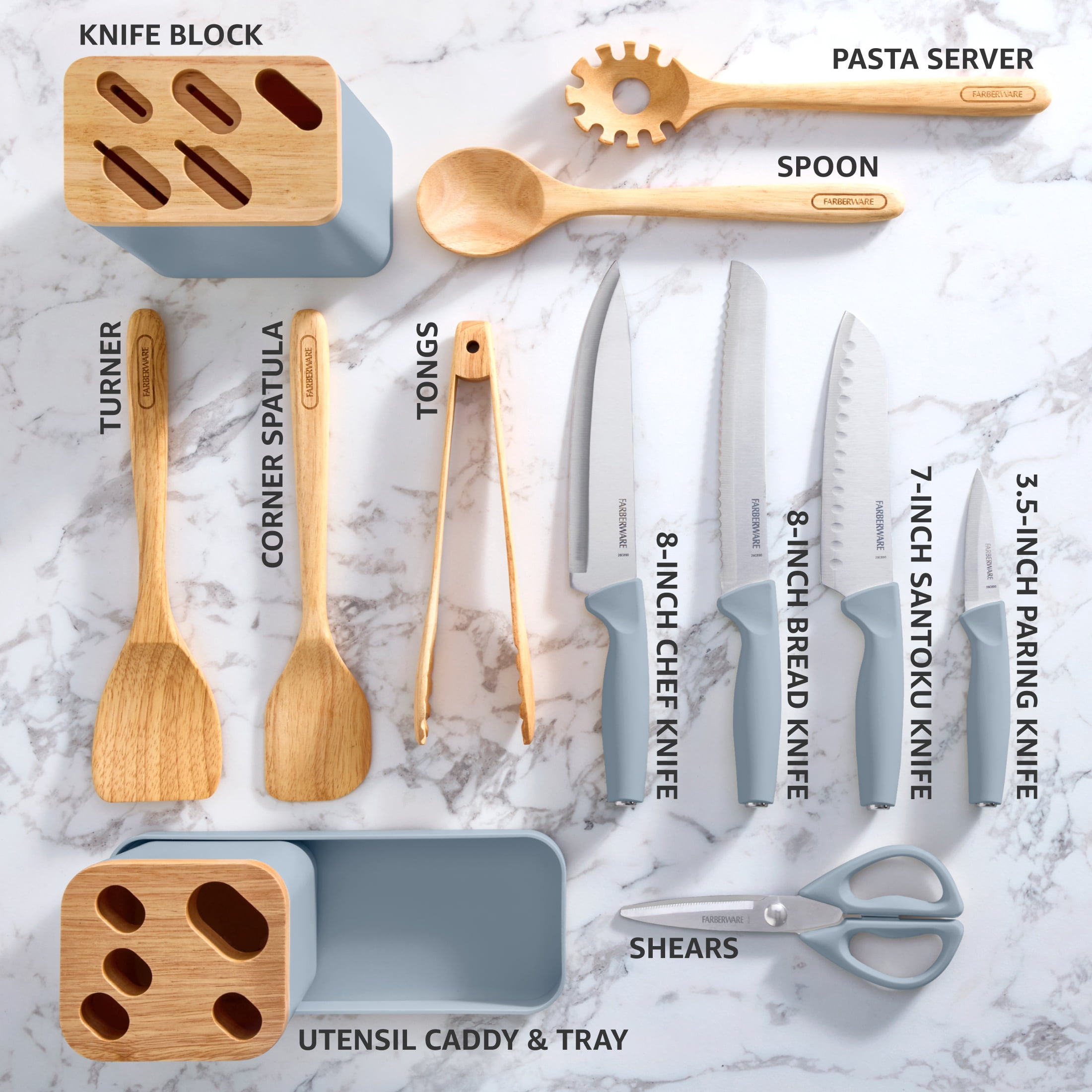 Farberware Professional Wood Kitchen Utensil and Knife Set with Counter Storage Slate, 13-Piece
