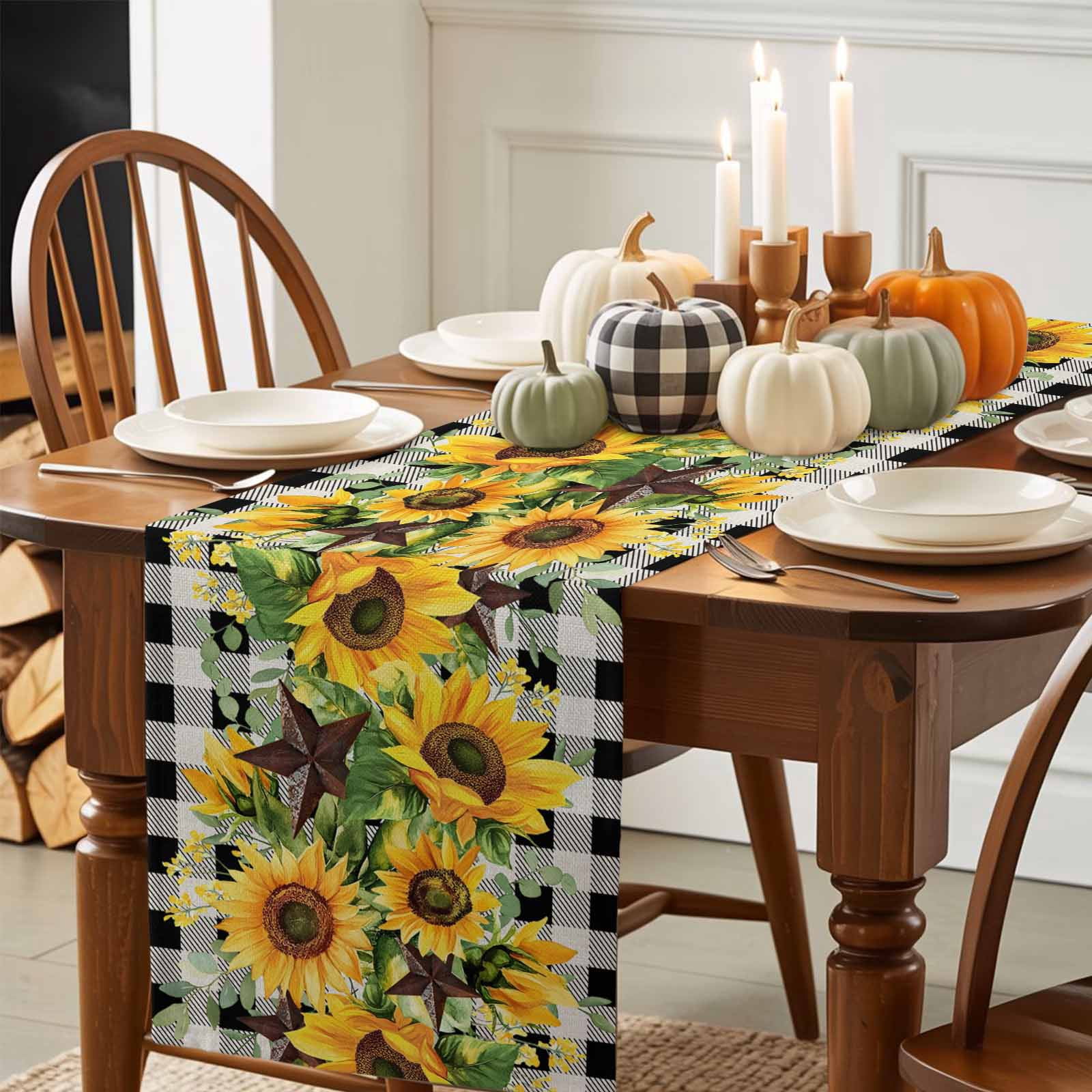Texas Star Sunflower Cotton Linen Table Runner, Washable Table Runners for Kitchen, Dining Room, Holiday, Home Party Table Decor, 13x90 Inches