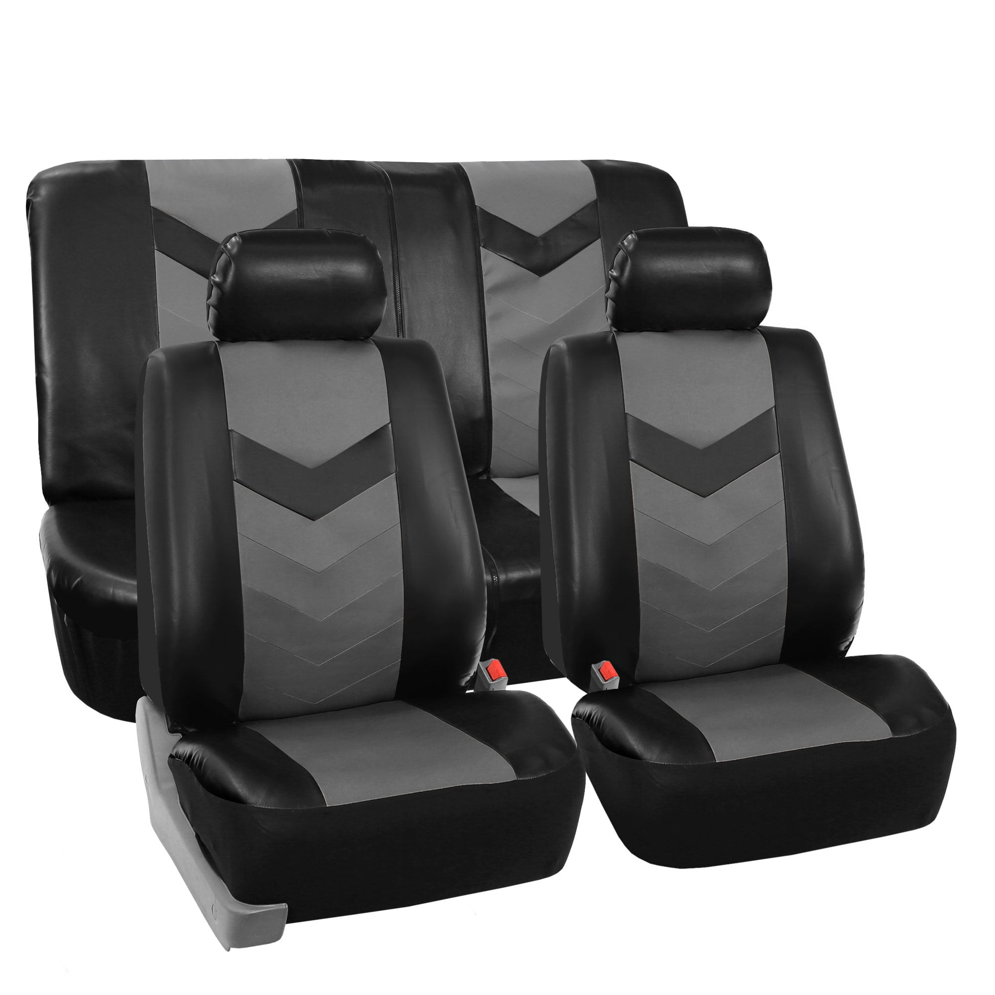 FH Group Faux Leather Synthetic Leather Auto Seat Cover, 2 Headrests Full Set, Black and Gray