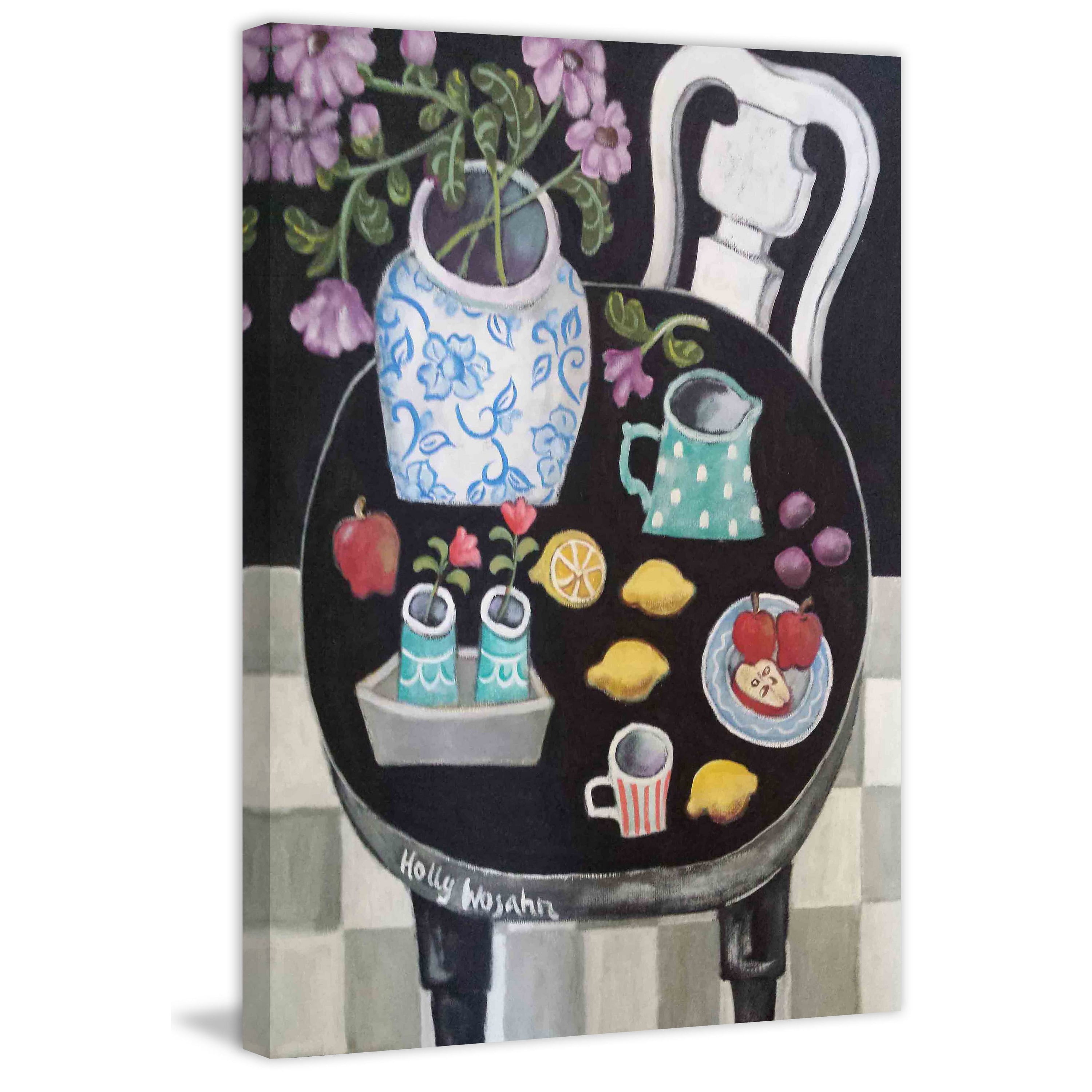 Marmont Hill "Fruit and Flowers on Black Table" Painting Print on Canvas