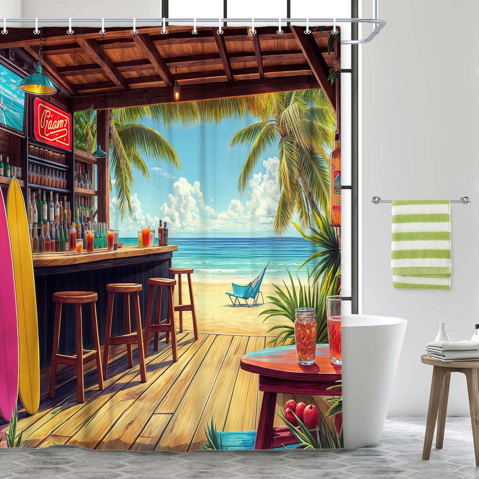 Vibrant Tropical Beach Bar Shower Curtain, Hawaiian Surfboard Ocean Scene Bathroom Decor, Waterproof Fabric Bath Curtain with Hooks for Summer Coastal Bathroom,12pcs Hooks,69X70 in