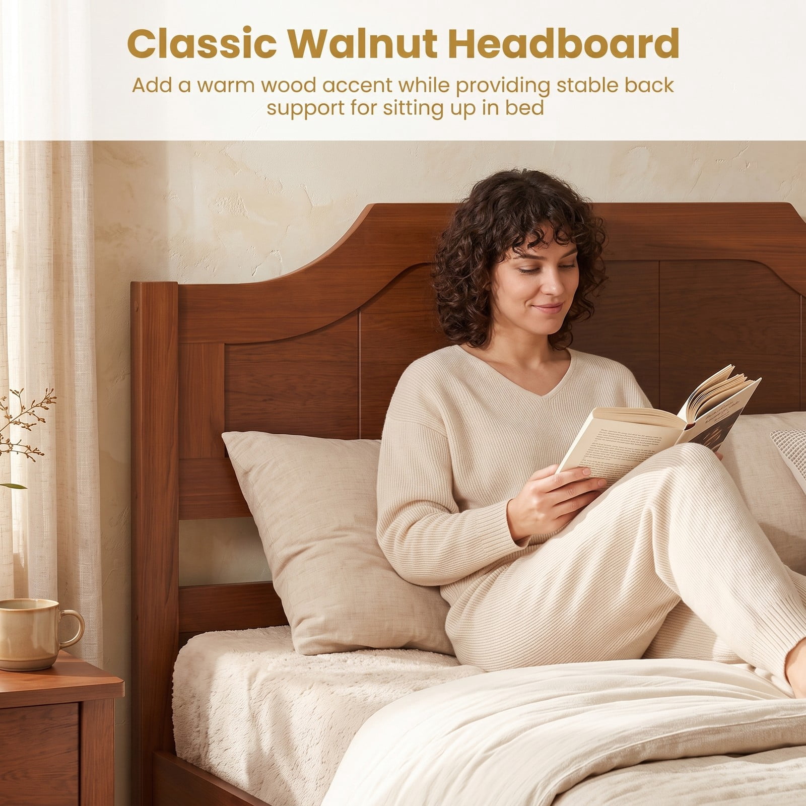 Furnibear Twin Bed Frame with Arched Headboard and Footboard, Pine Wood Platform Bed Frame with Slat Support for Kids Room, Walnut