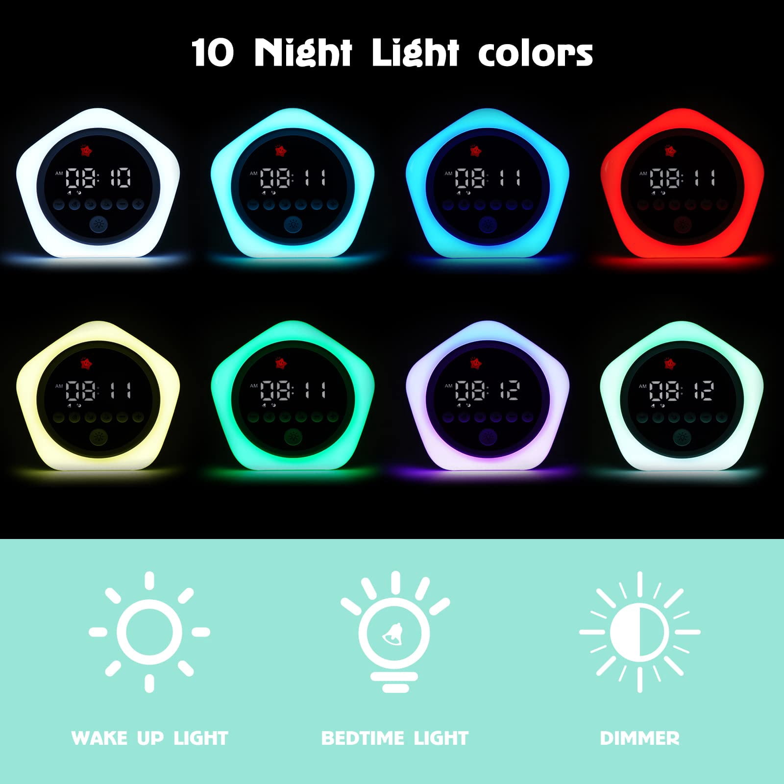Toddler Alarm Clock for Sleep Training, Kids OK to Wake Clock with Green Red Light, Children's Night Light with 10 Colors, Adjustable Brightness, Pink