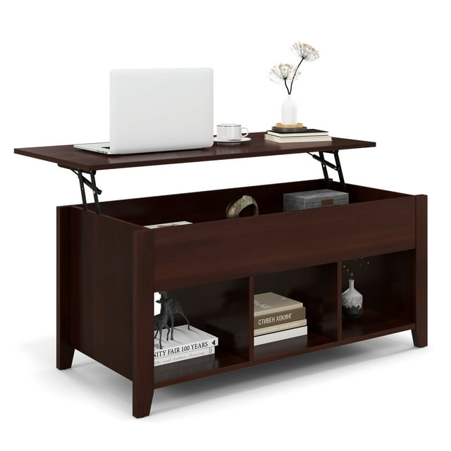Topbuy Table Basse Relevable, Table à Manger Moderne avec Compartiment Caché et 3 Cubes Ouverts, Marron