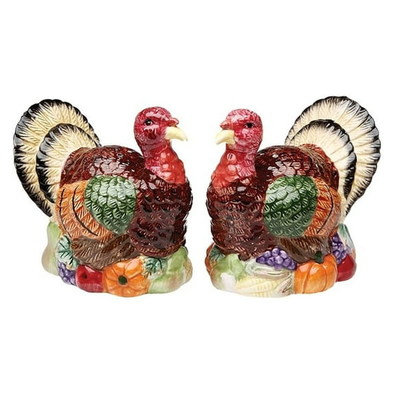 Thanksgiving Turkey Salt & Pepper Shakers Set - Fall Harvest Table Decor - Ceramic Turkey Spice Shakers 3.75" - Festive Thanksgiving Dinner Tableware