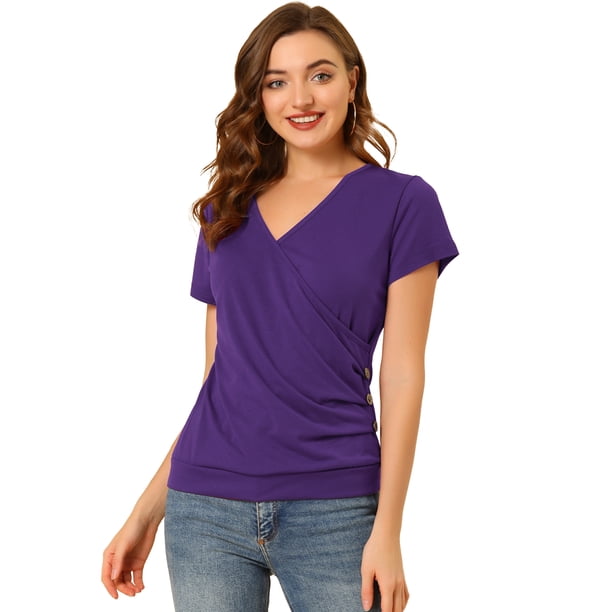 Top Cruzado Allegra K con Escote En V y manga corta con Botones y Decoración Fruncida para Mujer Púrpura XS
