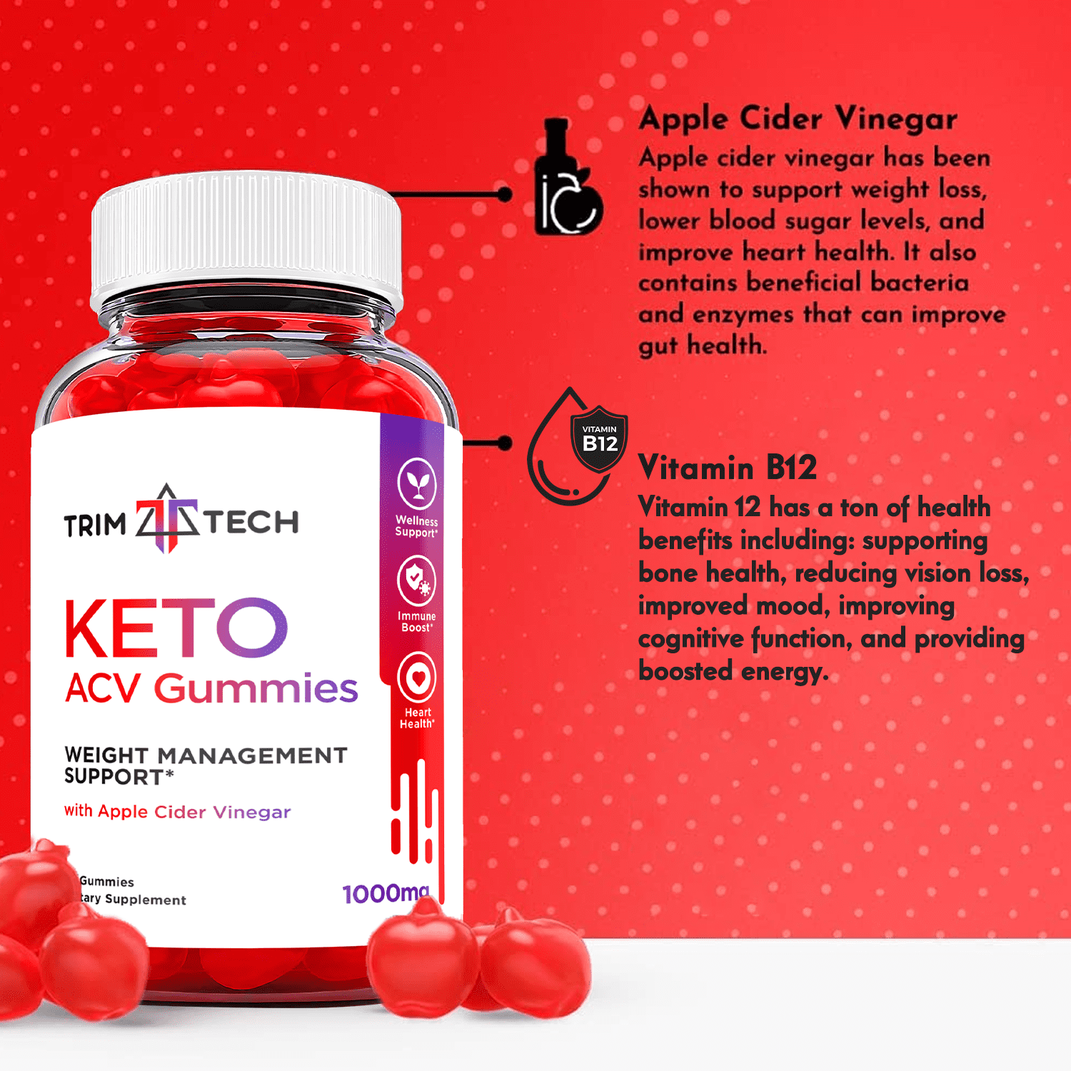 (2 Pack) Trim Tech Keto ACV Gummies - Supplement for Weight Loss - Energy & Focus Boosting Dietary Supplements for Weight Management & Metabolism - Fat Burn - 120 Gummies
