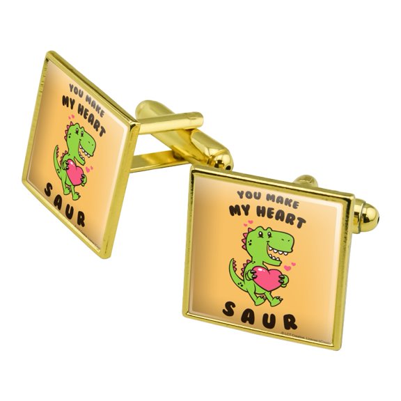 You Make My Heart Saur Soar Dinosaur Love Funny Humor Square Cufflink Set - Silver or Gold