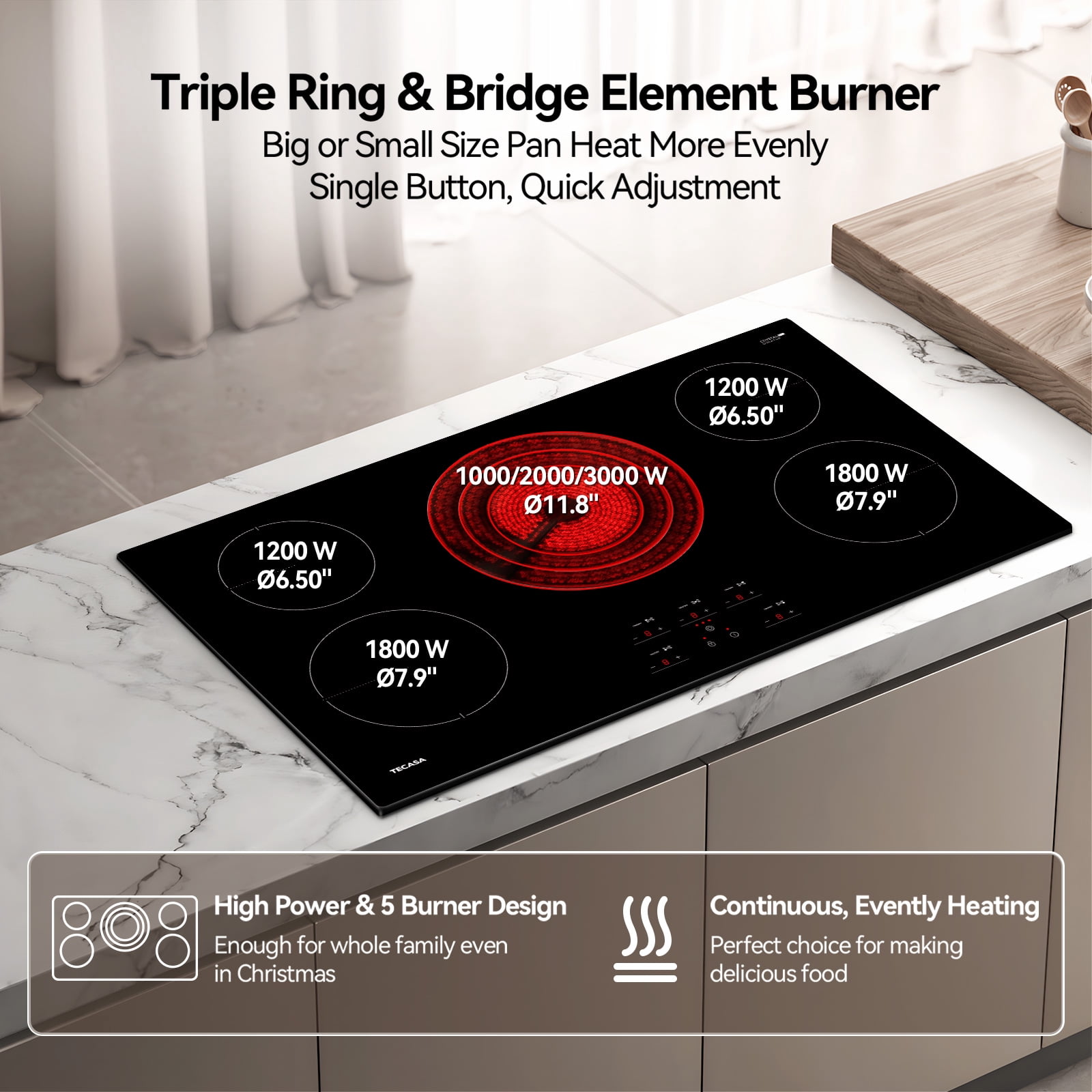 Tecasa 36 Inch 5 Burners Smooth Surface (Radiant) Electric Ceramic Cooktop, 9000 W Built-In Stove Top with Tri-Ring Element and Touch Control, Black