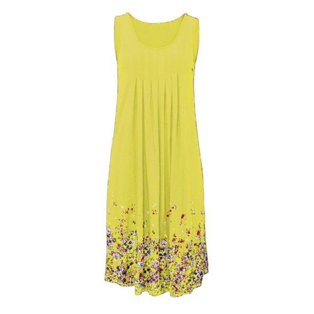 BJYX Robe Sans Manches Plissé Col Carré Imprimé Floral en Vrac Femmes Été Boho Robe Midi Courte Soirée Partie Plage Robe de Soleil