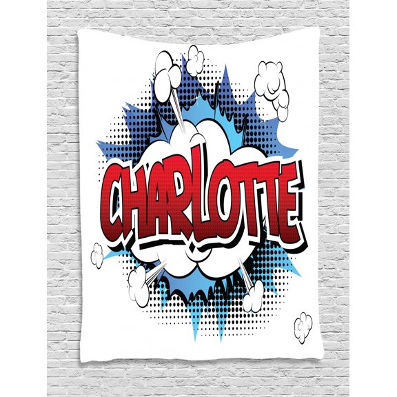 Charlotte Tapestry, Female Name with French Origins in Retro Cartoon Design Explosion Effect and Dots, Wall Hanging for Bedroom Living Room Dorm Decor, 60W X 80L Inches, Multicolor, by Ambesonne
