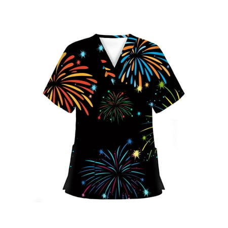 

Easter Scrubs Tops Women Nurse Working Uniforms Cartoon Printed V Neck Short Sleeve Medical Scrub Shirts